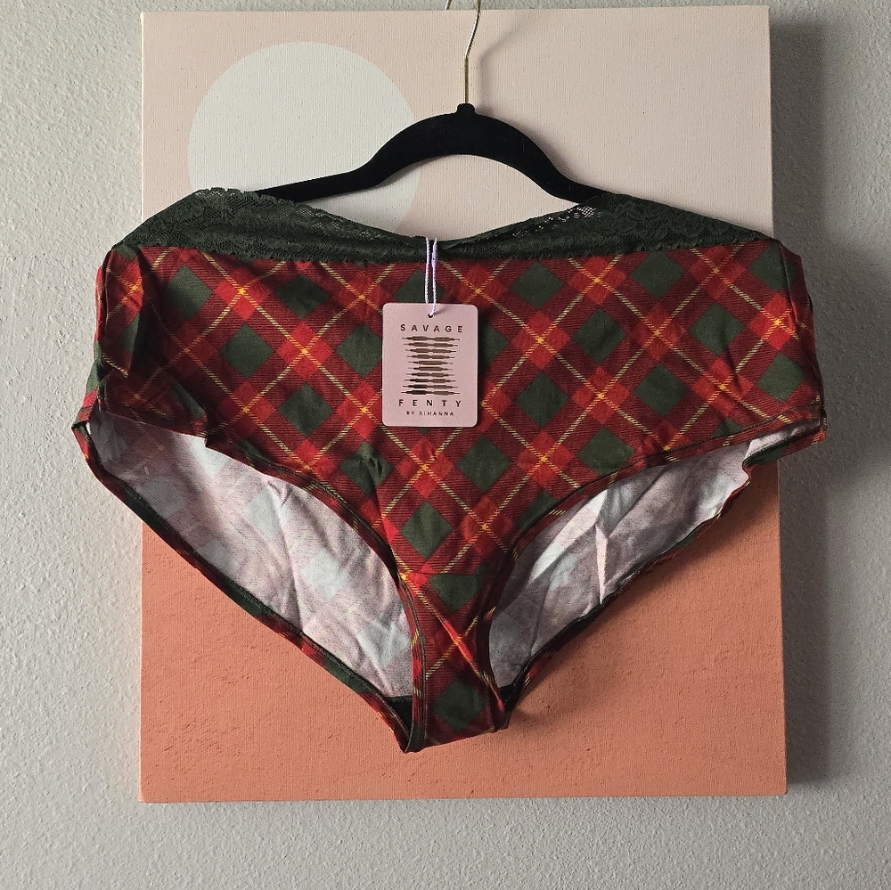 3X SAVAGE X FENTY Cotton Essentials Lace-Trim Shortie Panty - Red Cognac Plaid